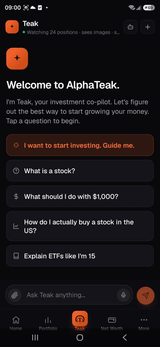 The Teak chat screen, offering starter questions such as what is a stock and explain ETFs like I am 15