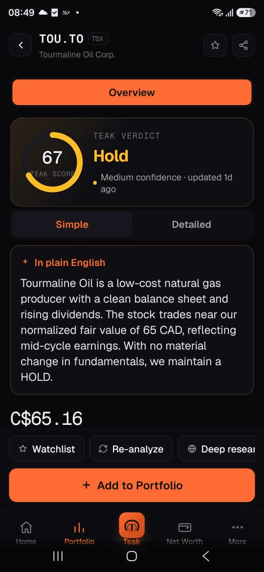 AlphaTeak analysis for Tourmaline Oil on the TSX, Teak Score 67 and a Hold verdict explained in plain English